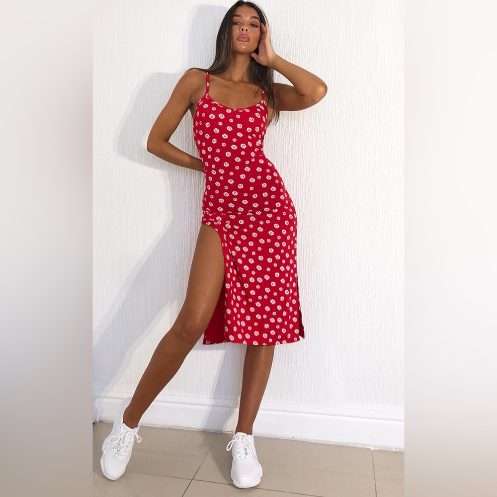 Red Floral Midi Dress with Slit